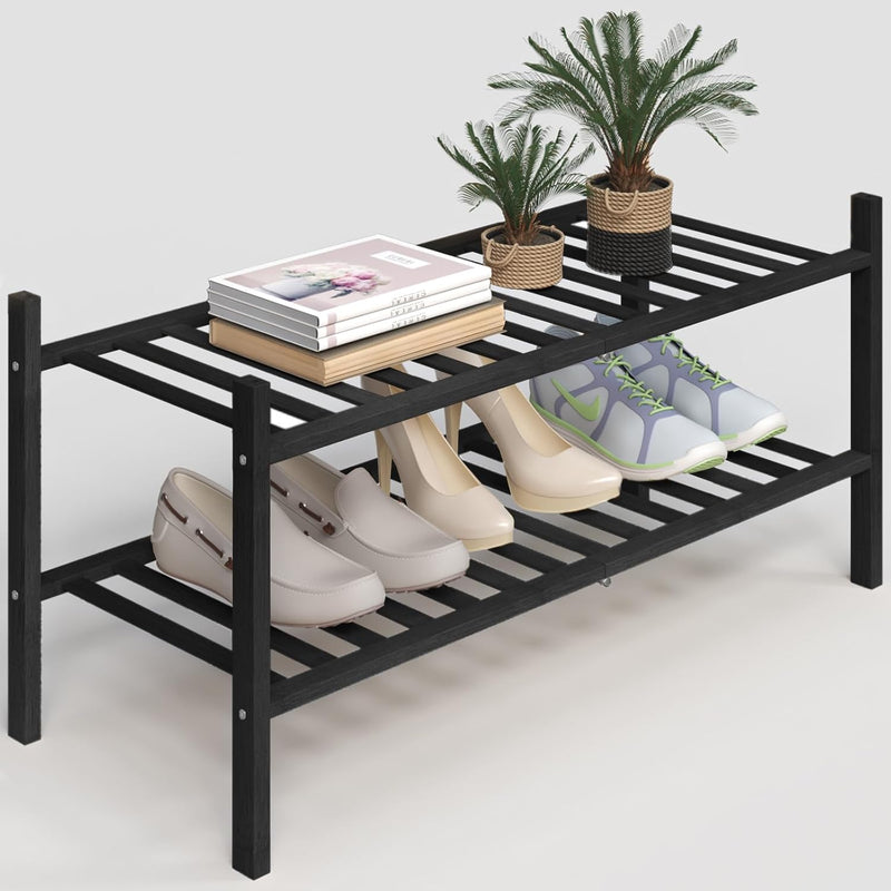 Z&L HOUSE 3-Tier Shoe Rack for Closet, Stackable Bamboo Shoe Rack for entryway, Hallway, Bathroom, Multifunctional Utility Free Standing Shoe Shelf Black