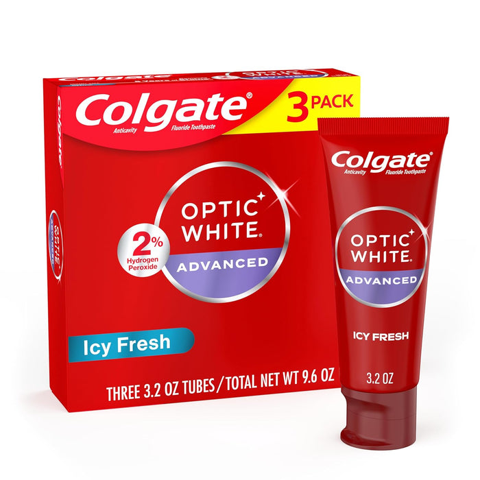 Colgate Optic White Advanced Teeth Whitening Toothpaste, 2% Hydrogen Peroxide Toothpaste, Sparkling White, 3.2 Oz, 3 Pack
