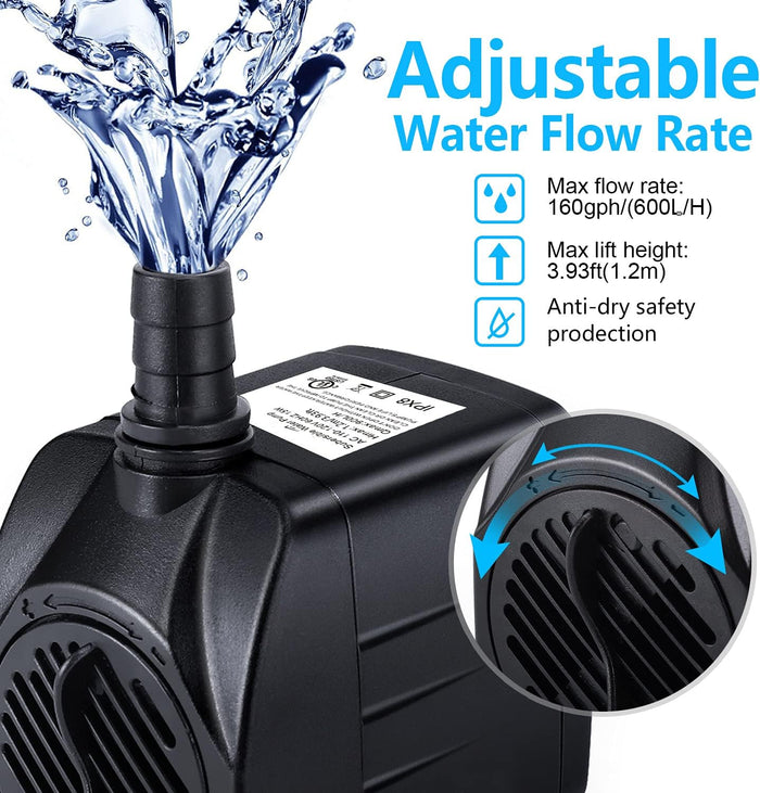 Fountain Pump, 160GPH(10W 600L/H) Submersible Water Pump, Durable Outdoor Fountain Water Pump with 7.2ft（2.2m）Power Cord, 3 Nozzles for Aquarium, Pond, Fish Tank, Water Fountain Pump