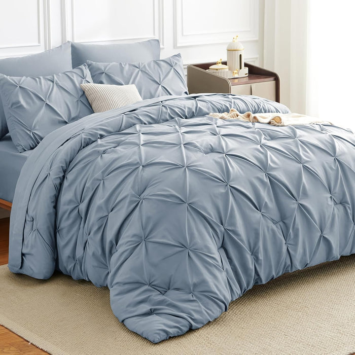 Full Comforter Set 7 Pieces Bed in A Bag Black Luxury Soft Full Size Bed Set Pintuck Pinch Pleat Bedding Sets with Comforter, Flat Sheet, Fitted Sheet and Pillowcases & Shams