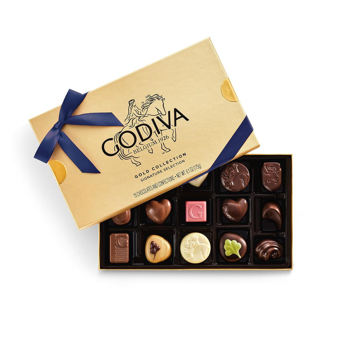 Godiva Navy Bow Gold Assorted Chocolate Gift Box, Dark and Milk Chocolates with Pralinés, Ganaches & Caramels, Gourmet Hanukkah Gift, Non-GMO & Kosher, 30 Pc