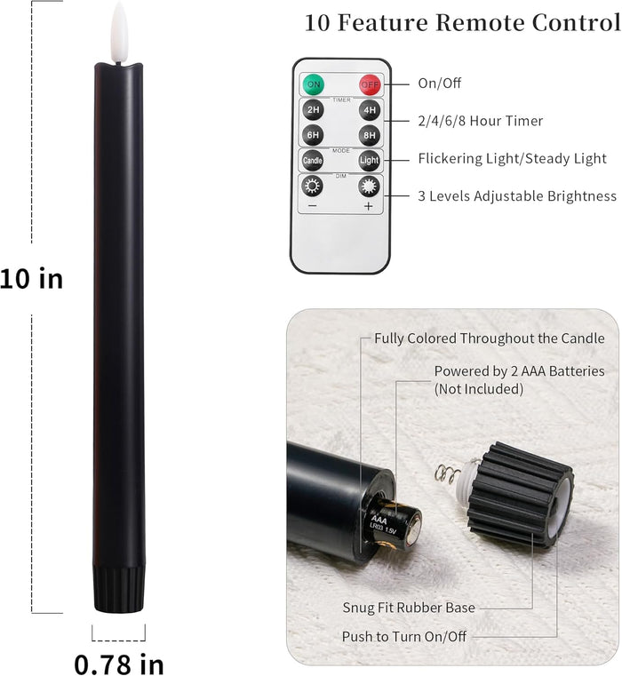 Black Flameless Taper Candles with Remote - 10 Inch LED Candlesticks Flickering, Realistic 3D Flame with Wick, Warm White Light, Home Halloween Decor, Automatic Timer - Set of 6
