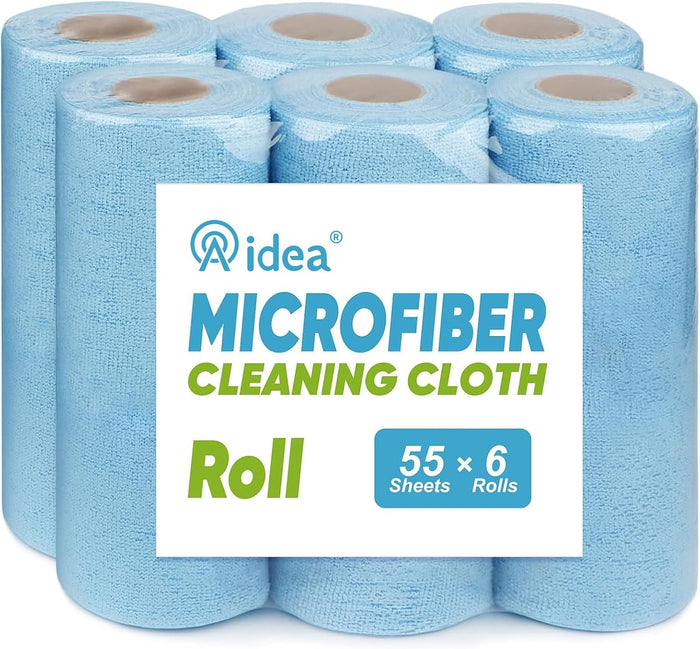 AIDEA Microfiber Cleaning Cloth Roll, Blue Shop Towels 55 Sheets Washable, Microfiber Towels for Cars, Blue Rags Reusable Paper Towel for Automotive, Workshop, House, Kitchen, Cleaning Supplies11×9"