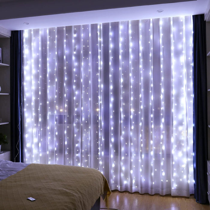 HXWEIYE 300LED Fairy Curtain Lights, 9.8x9.8Ft Warm White USB Plug in 8 Modes Christmas String Hanging Lights with Remote for Bedroom, Indoor, Outdoor, Weddings, Party