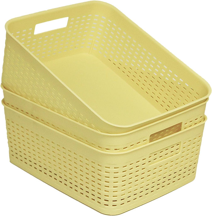 Plastic Storage Baskets for Cabinets, Household Pantry Organization with Handle,Organizer Bins for Room,Bathrooms,Under-Sink,Kitchen (White, M-3PACK)