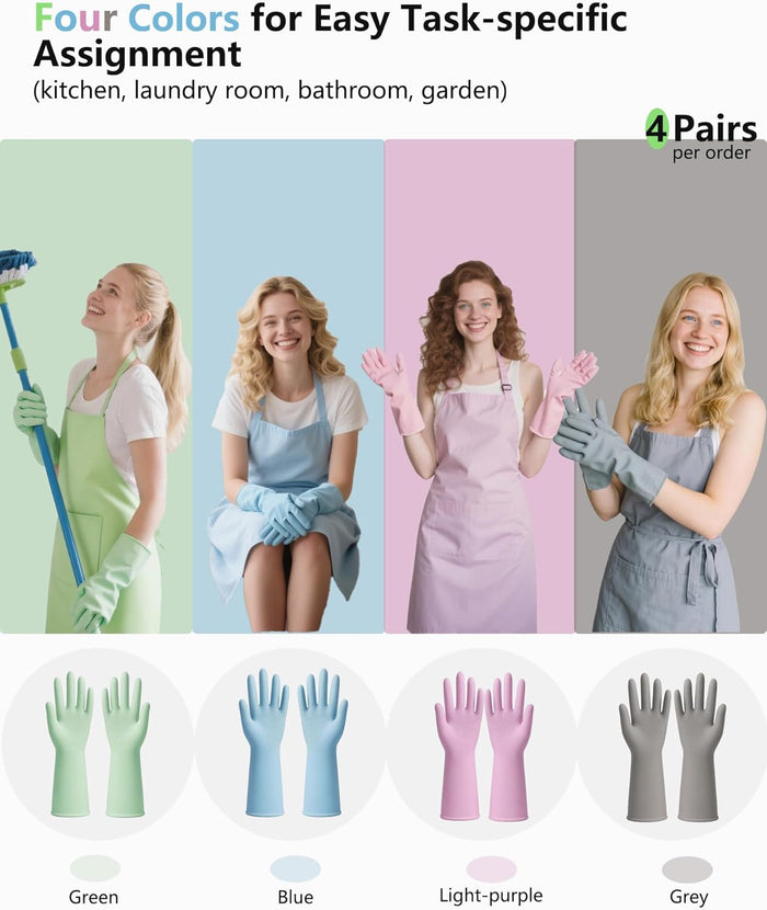 Rubber Cleaning Gloves for Dishwashing, 4 Pairs Reusable Kitchen Gloves for Washing Dishes with Non-Slip Grip