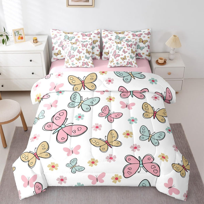 Feelyou Cute Flower 7 Piece Bedding Set Twin Size Kids Cartoon Cute Floral Bed in a Bag for Kids Girls Teens Toddler Yellow Pink Comforter Set with Sheets Kawaii Bed Set