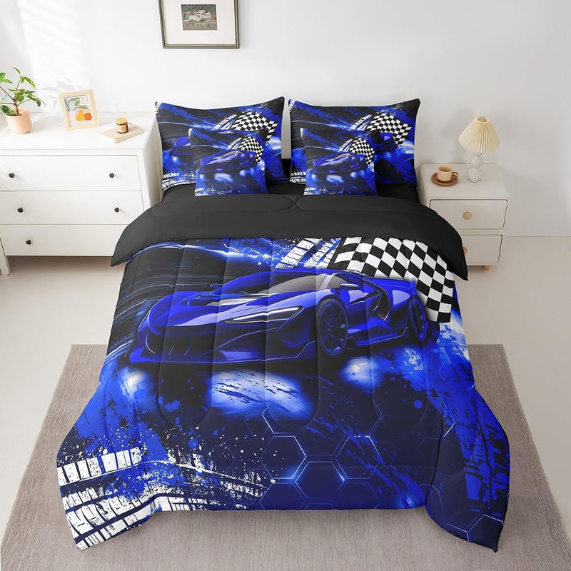 Feelyou Race Car Bed Set for Kids Boys Girls Twin Size Speed Honeycomb Prints 7 Pieces Beeding Set Ultra Soft Extreme Sports Bed in a Bag with Comforter, Sheets, Pillowcases Sports Car Cool Car