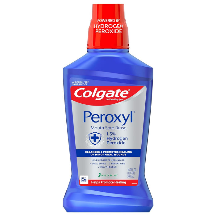 Colgate Peroxyl Antiseptic Mouthwash and Mouth Sore Rinse, 1.5% Hydrogen Peroxide, Mild Mint - 500ml, 16.9 Fluid Ounces