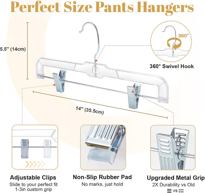 HOUSE DAY Clear Skirt Hangers with Clips 25 Pack, Non-Slip Pants Hangers for Closet, Clip Hanger for Pants, Skirts, Shorts, Troubles, 14'' Clear Plastic Hanger with 360 Swivel Hook