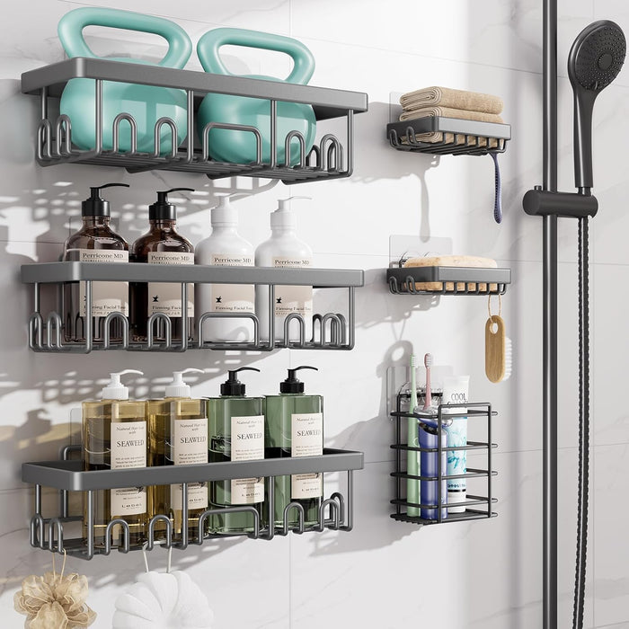 Veken Rustproof Shower Caddy 6-Pack, No Drilling & Waterproof Adhesive Shower Shelves Rack with Soap Holder, Large Capacity Bathroom Organizers and Storage, Wall-Mounted Kitchen & Home Decor