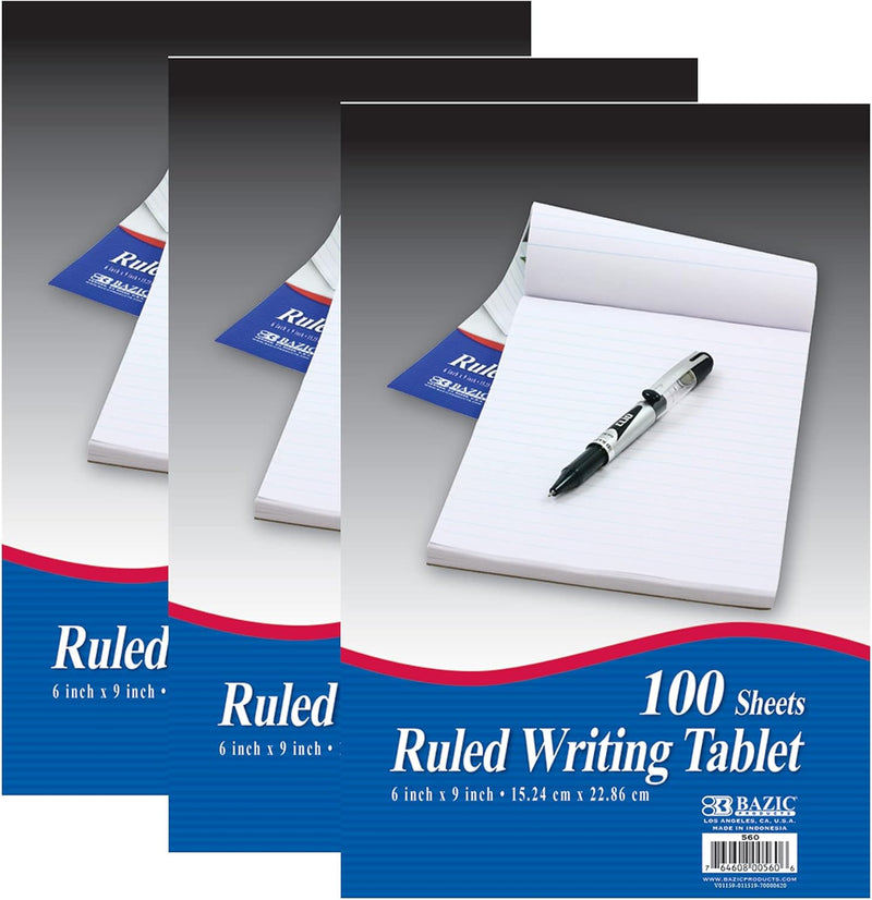 BAZIC Products Writing Pad 100 Sheets 6" X 9", Lined Ruled Memo Writing Notebook Note Pad, Easy Tear Note Paper Work Notepad for Office School Home, 1-Pack