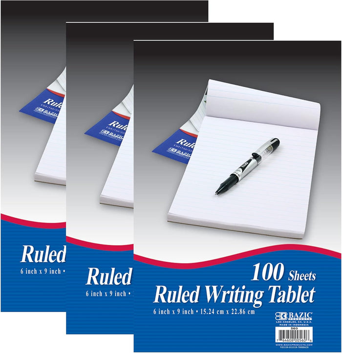 BAZIC Products Writing Pad 100 Sheets 6" X 9", Lined Ruled Memo Writing Notebook Note Pad, Easy Tear Note Paper Work Notepad for Office School Home, 1-Pack