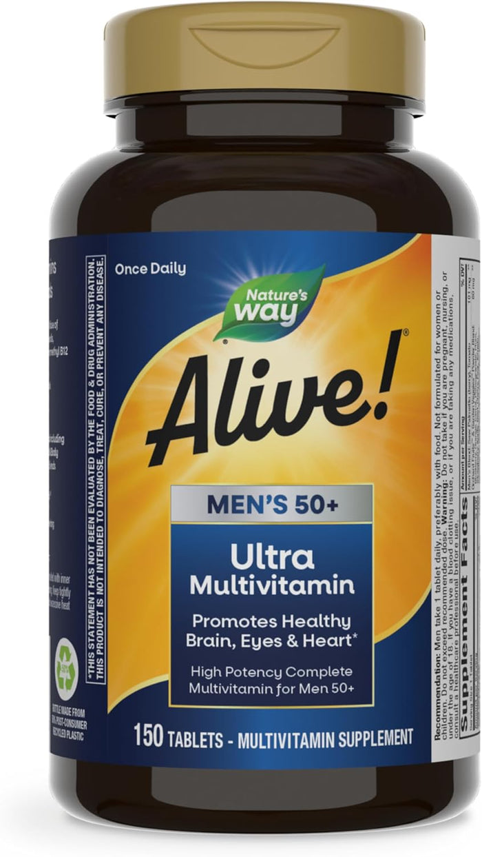 Nature's Way Alive! Men’s 50+ Daily Ultra Multivitamin, High Potency Formula, Supports Healthy Brain, Eyes & Heart*, with Methylated B12, Gluten-Free, 60 Tablets (Packaging May Vary)
