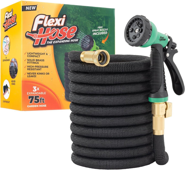 Flexi Hose Expandable Garden Hose with 8 Function Nozzle, 100FT - Lightweight Retractable Garden Hose, Water Hose - No-Kink Flexibility, 3/4 Inch Solid Brass Fittings and Double Latex Core