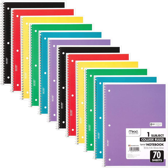 Mead Spiral Notebook, 6 Pack, 1 Subject, College Ruled Paper, 7-1/2" x 10-1/2", 70 Sheets per Notebook, Colors Will Vary (830062-ECM25)
