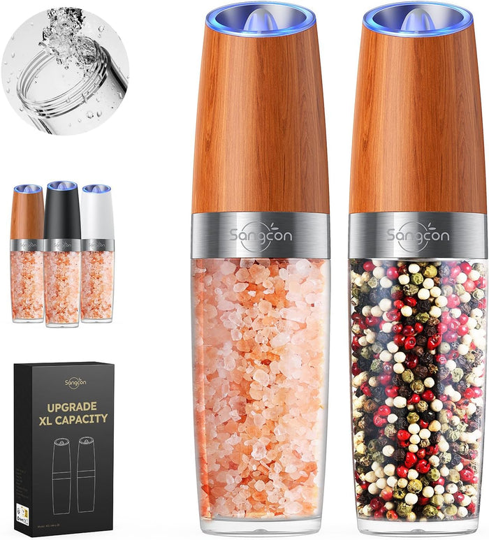 Sangcon Gravity Electric Salt and Pepper Grinder Set Automatic Shakers Mill Grinder with LED Light, BATTERY POWERED Adjustable Coarseness One Hand Operation, Upgraded Larger Capacity