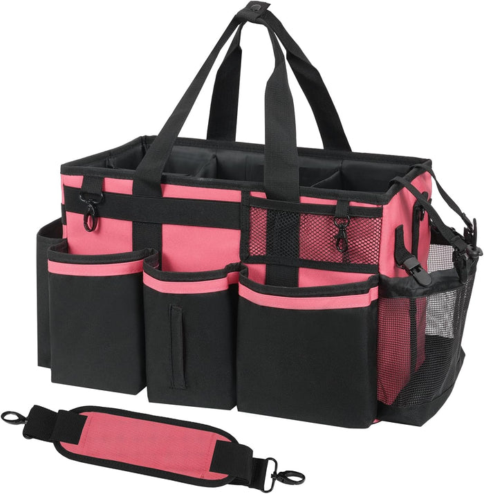 Wearable Cleaning Caddy, Cleaning Caddy Supplies Organizer with Handle & Shoulder Straps for Housekeepers, Under Sink & Car Cleaning Tool Organizers Bag with 4 Foldable Divider (LotusPink)