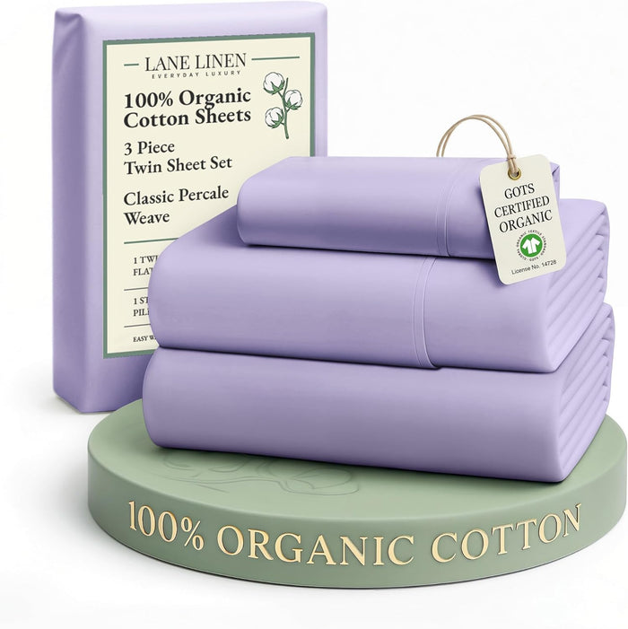 LANE LINEN 100% Organic Cotton Twin Sheets Set, 3Pc Twin Bed Sheets, Soft & Comfy Breathable Cotton Percale Sheets for Twin Size Bed, Dorm Room Essentials Low Pill Fade Resistant White Sheets