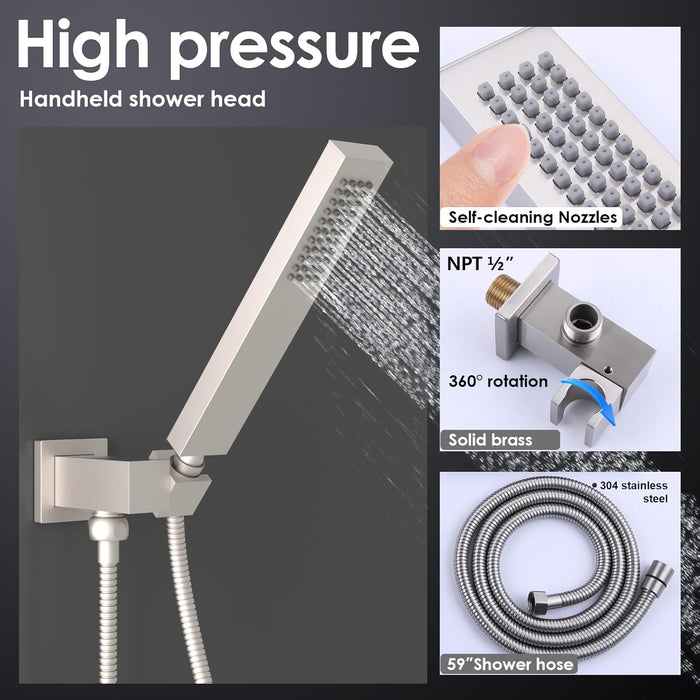 Enga Solid Brass High Pressure Hand Held Shower Wand Square Head with Adjustable Supply Elbow Wall Connector Shower Holder and Hose Set, Brushed Nickel