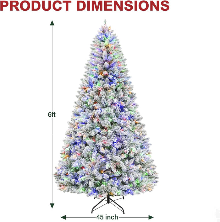 Hykolity 6 ft Prelit Snow Flocked Christmas Tree, 250 Color-Changing LED Lights, 1032 Hinged Branch Tips, 10 Colors, Full Snowy Appearance, Easy Assembly, Metal Stand