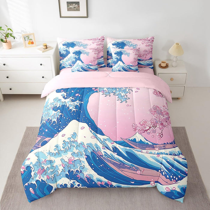 Feelyou Cherry Blossoms Bed Set for Kids Boys Girls Twin Size Sakura Flower 7 Pieces Beeding Set Ultra Soft Japanese-Style Bed in a Bag with Comforter, Sheets, Pillowcases Floral Botanical Room Decor