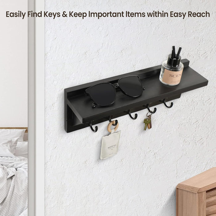 Wall Key Holder with Shelf, Rustic Shelf with Hooks Made of Paulownia Wood Holds Keys, Dog Leash, Bags and More - 13.7" W x 4.7" H x 3.5" D Decorative Key Hanger and Entryway Shelf (Black)