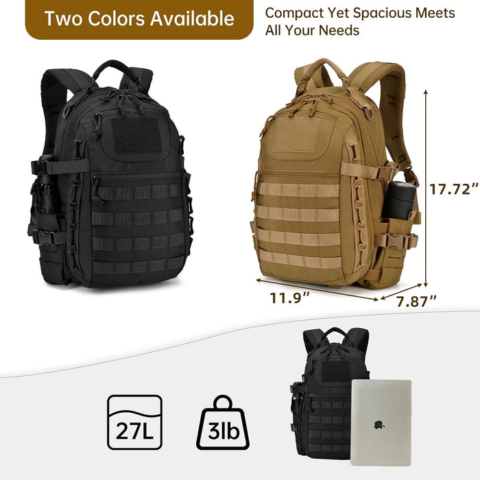 Tactical Backpack for Men: 27L Lightweight Assault Pack,Waterproof and MOLLE System,For Camping, Hiking Daypack in Khaki
