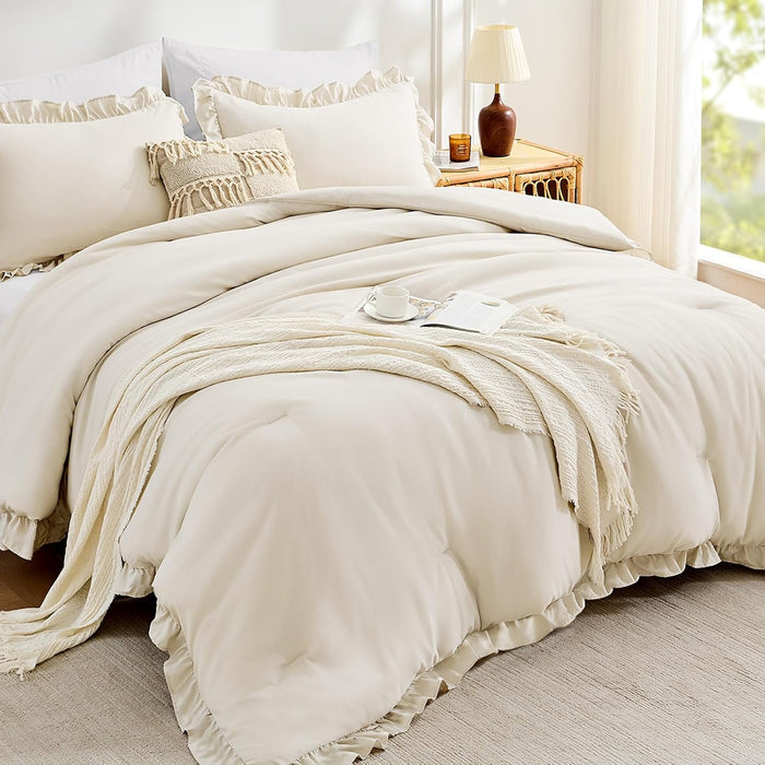 FUANNA Queen Comforter Set Beige 3 Pieces, Ruffle Shabby Chic Queen Bed Set, Fluffy Lightweight Soft Bed in a Bag Queen for All Seasons, Farmhouse Bedding Comforter Sets(1 Comforter & 2 Pillowshams)