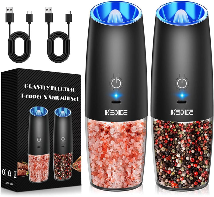 XinXu Gravity Electric Pepper and Salt Grinder Set, Adjustable Coarseness, Battery Powered with LED Light, One Hand Automatic Operation, Stainless Steel -Copper, 2 Pack
