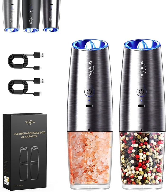 Sangcon Gravity Electric Salt and Pepper Grinder Set Automatic Shakers Mill Grinder with LED Light, BATTERY POWERED Adjustable Coarseness One Hand Operation, Upgraded Larger Capacity