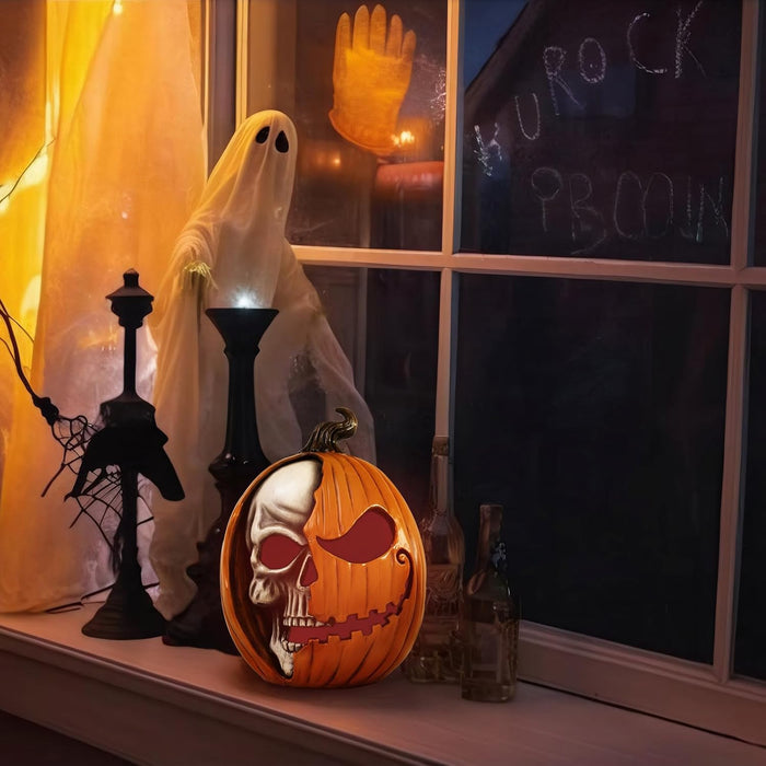 Light Up Jack O Lantern Pumpkin, 11x8 Inch Halloween Decorations Outdoor, Large Spooky Scary Decorative Resin Pumpkin Figurine, Indoor Table Top Desk Shelf Mantel Home Decor