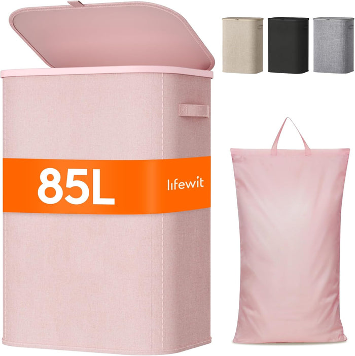 Lifewit 105L Laundry Basket with Lid, Large Laundry Hamper with Plastic Handles and Removable Bag, Foldable Tall Dirty Clothes Hampers for Laundry for Laundry Room, Bedroom, Bathroom, Dorm, Beige