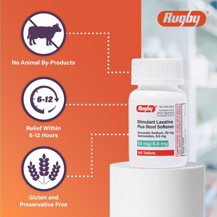 Rugby Stimulant Laxative Plus Stool Softener Docusate Sodium 50 mg/Sennosides 8.6 mg - Laxative Tablets for Constipation Relief - Stool Softeners for Women, Men, and Kids - 100 Tablets