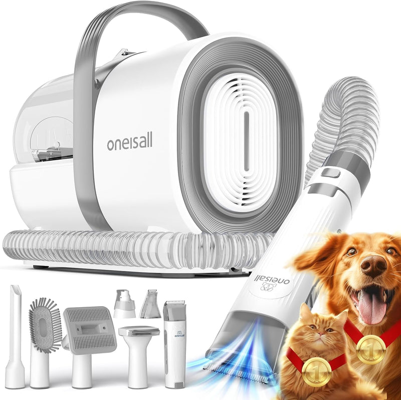 oneisall Dog Grooming Vacuum, Pet Grooming Vacuum with Clipper Nail Grinder, 1.5L Dust Cup Dog deshedding Vacuum Brush with 7 Pet Grooming Tools for Shedding Pet Hair, Home Cleaning(Blue)