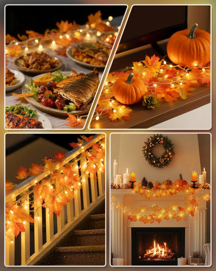 Fall Decor [2 Pack] Lighted Fall Garland, Total 16.4ft 40 LED Thanksgiving Decorations Halloween String Lights, Friendsgiving Gift Thanksgiving Decor for Home Holiday Autumn Garland Indoor