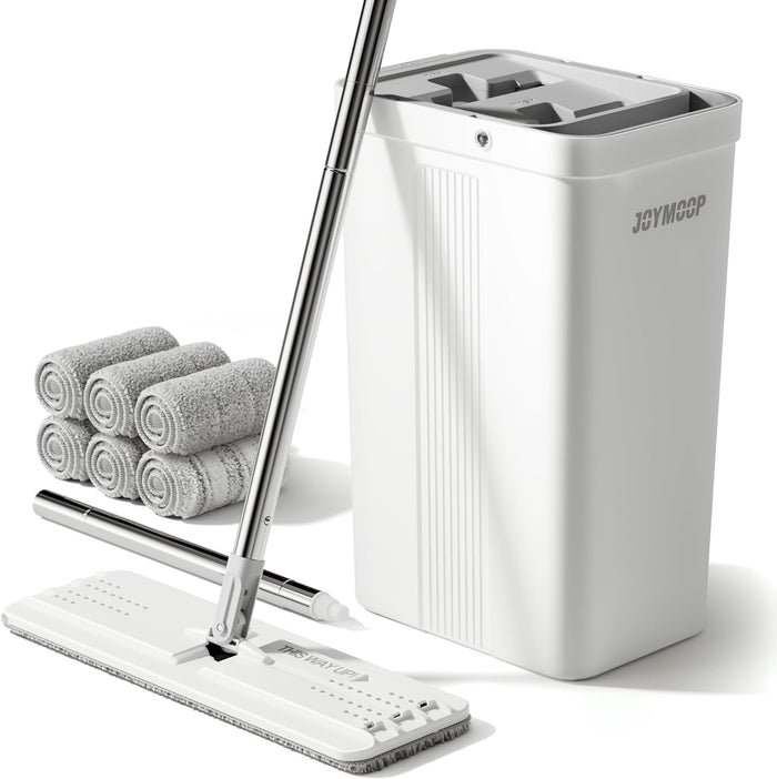 JOYMOOP Mop and Bucket Set with Wringer, Flat Mops for Floor Cleaning, Wall Mop Cleaner with Long Handle, Hardwood Floor Mop with 4 Microfiber Pads