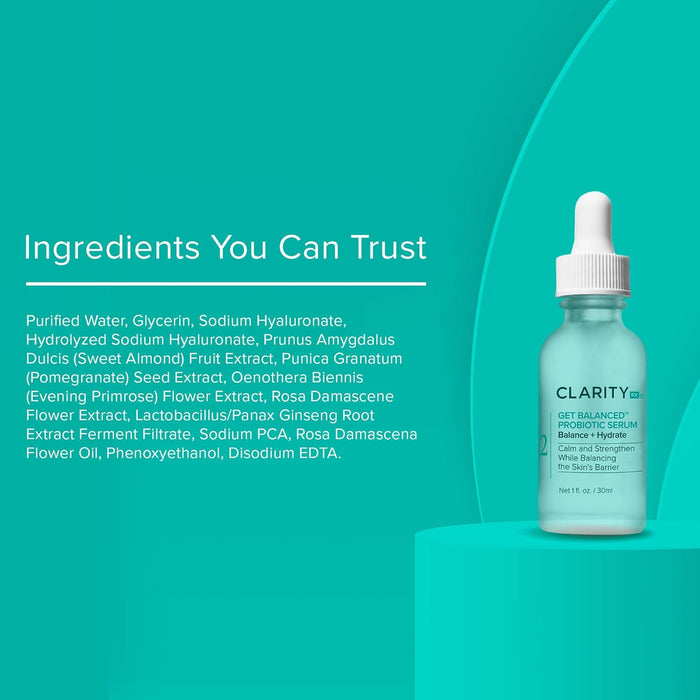 ClarityRx Get Balanced Probiotic Hydrating Face Serum, Natural Plant-Based Skin-Balancing Treatment with Hyaluronic Acid & Antioxidants for Normal & Aging Skin