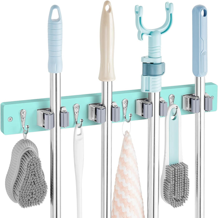Mop and Broom Holder Wall Mount - Wood Broom Mop Hanger - Wall Mounted Garden Tool Rack Organizer for Closet Garage Laundry Room for Rustic Kitchen Decor With 5 Slots & 4 Hooks