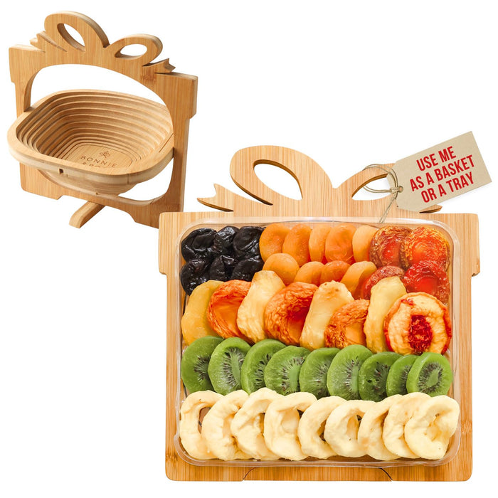 Dried Fruit Gift Basket with Wooden Tray – Healthy Gourmet Snack Box Variety – Holiday Food Tray for Corporate, Sympathy, Birthday & Thank You Gifts (Vegan, Kosher, Gluten‑Free)- Bonnie and Pop