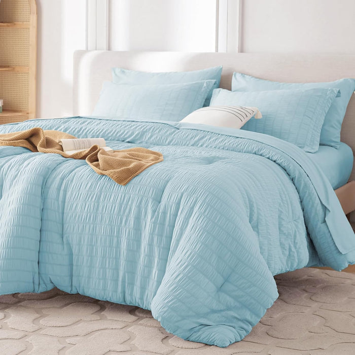 MUXHOMO 7 Pieces Queen Comforter Set, Seersucker Bed in a Bag Queen Size, All Season Luxury Bedding Set with Comforter, Flat Sheet, Fitted Sheet, Pillowcases & Shams, Pink