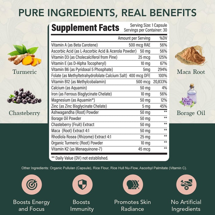 Elements of Life Multivitamin for Women with Vitamin B12, A, D, E, Zinc, Iron, Calcium & More - Womens Multivitamin for Energy & Immunity - Vegan, Gluten Free, Hair & Skin Support Supplements (30 Cap)