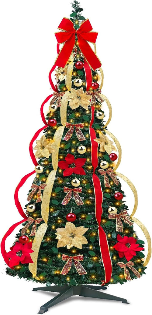 7 Ft Pop Up Full Christmas Tree Prelit 8 Modes 250 Warm White Lights Timer,Pre-Decorated 1 Minute Pull Up Christmas Tree 84 Ornaments UL Plug in Collapsible Xmas Trees Outdoor Indoor Holiday Decor