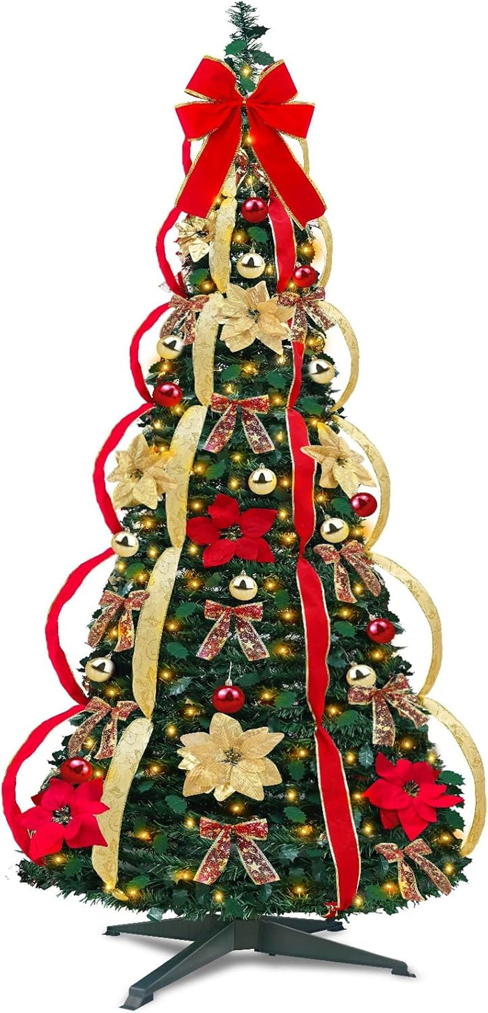 7 Ft Pop Up Full Christmas Tree Prelit 8 Modes 250 Warm White Lights Timer,Pre-Decorated 1 Minute Pull Up Christmas Tree 84 Ornaments UL Plug in Collapsible Xmas Trees Outdoor Indoor Holiday Decor