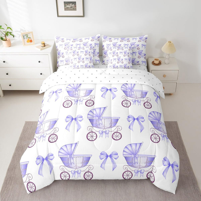 Feelyou Pink Bow Bed Set for Kids Boys Girls Full Size Cute Dreamy Princess Style 7 Pieces Beeding Set Ultra Soft Bow Pattern Bed in a Bag with Comforter, Sheets, Pillowcases Bowknot Room Decor