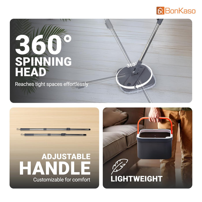 BonKaso 360° Spin Mop with Square Bucket Deluxe System Set and Reusable Microfiber Pads for Wet & Dry Glass, Wall, Tile and Home Floor Cleaning - Grey and Orange