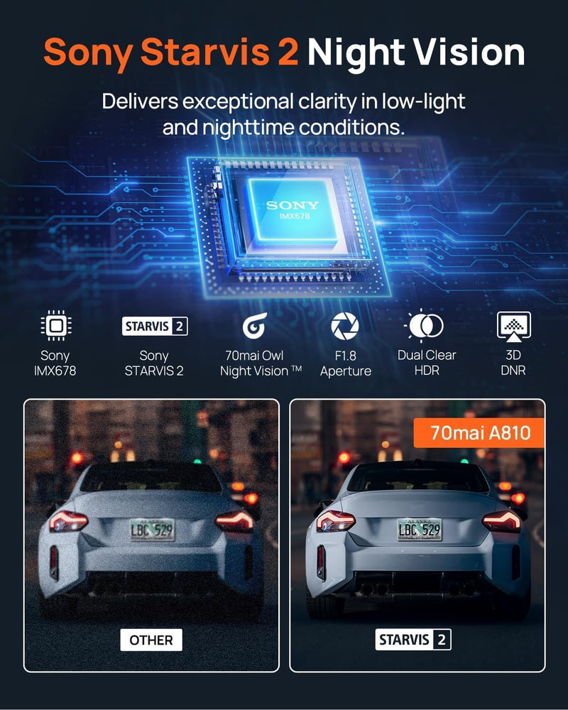 70mai A810 4K Dash Cam Front and Rear, Dual Dash Camera for Cars with Starvis 2 HDR Night Vision, 4G LTE Support, ADAS, Built in GPS & WiFi, 24/7 Parking Mode, AI Motion Detection, Time-Lapse