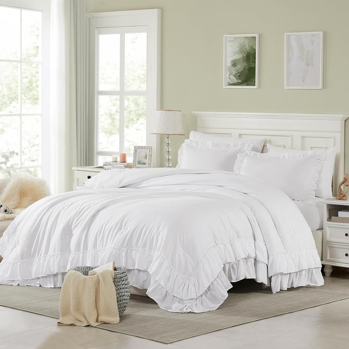 Cupocupa Beige Queen Comforter Set, 3Pcs Comforters Ruffle Farmhouse Bedding Sets Queen with Comforter, Lightweight Soft Shabby Chic Bedding Comforter Set Fluffy for All Season