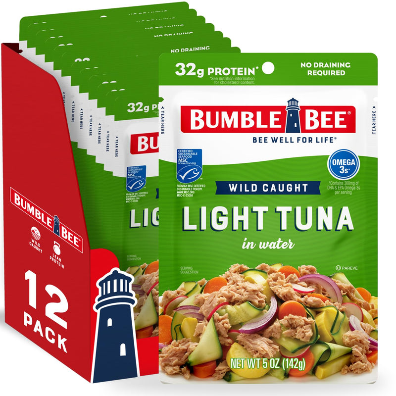 Bumble Bee Chunk Light Tuna in Water, 2.5 oz Pouches (Pack of 12) - Ready to Eat Wild Caught Skipjack Tuna Packet - 16g Protein per Serving - MSC Sustainable Seafood, Non-GMO, Gluten Free, Kosher