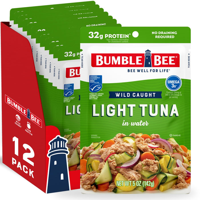 Bumble Bee Chunk Light Tuna in Water, 2.5 oz Pouches (Pack of 12) - Ready to Eat Wild Caught Skipjack Tuna Packet - 16g Protein per Serving - MSC Sustainable Seafood, Non-GMO, Gluten Free, Kosher